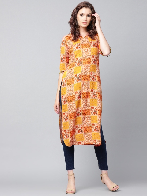 

GERUA Women Mustard Yellow Printed Cold Shoulder Straight Kurta