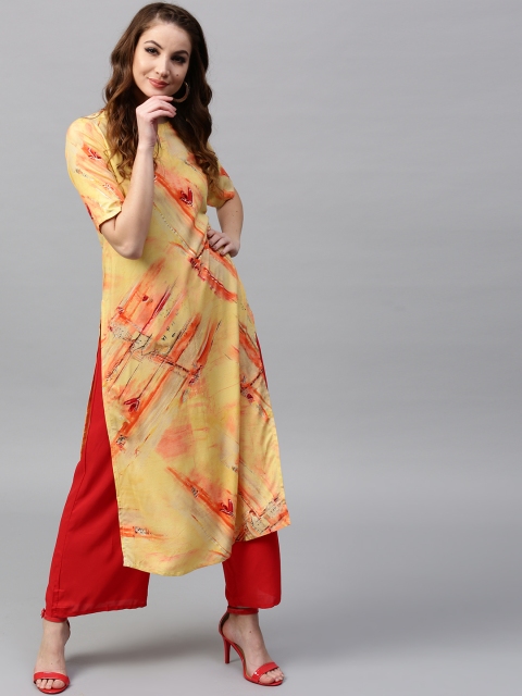 

GERUA Women Yellow & Orange Printed Straight Kurta
