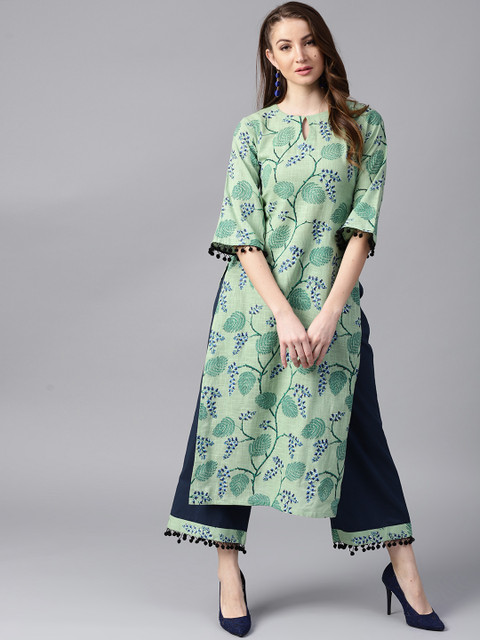 

GERUA Women Green & Navy Blue Printed Kurta with Palazzos