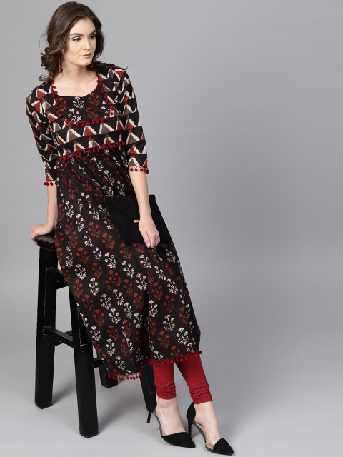 

GERUA Women Black & Rust Red Printed A-Line Kurta