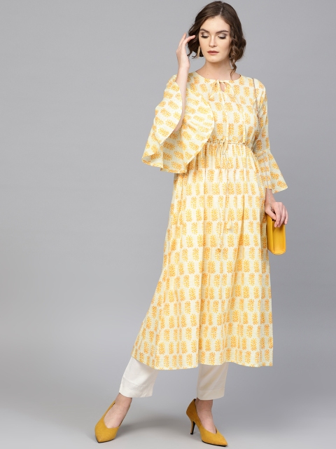 

GERUA Women Yellow & Off-White Printed A-Line Kurta