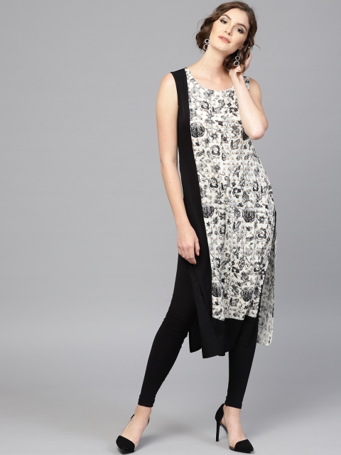 

GERUA Women Black & Off-White Printed Straight Kurta