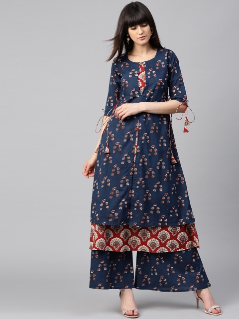 

GERUA Women Navy & Red Printed Kurta with Palazzos, Navy blue