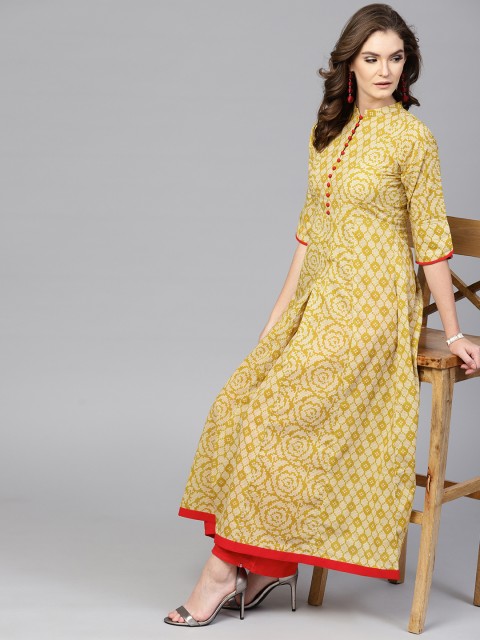 

GERUA Women Mustard Yellow & Off-White Printed A-Line Kurta