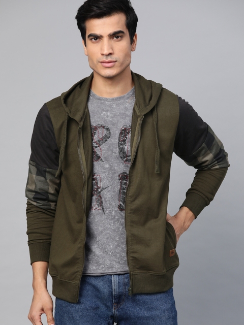 

Roadster Men Olive Green Solid Hooded Sweatshirt