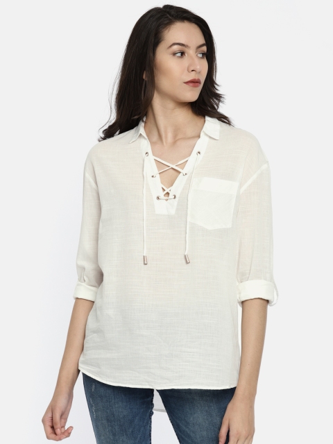 

ONLY Women White Solid Shirt Style Pure Cotton Top