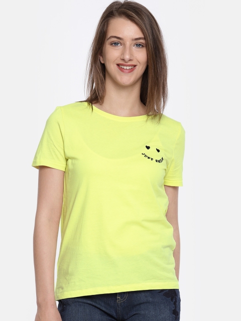 

ONLY Women Yellow Solid Round Neck Pure Cotton T-shirt