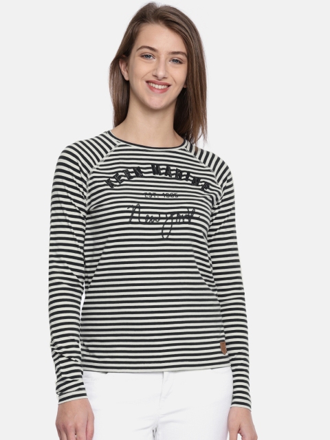 

ONLY Women Navy Blue Striped Round Neck T-shirt