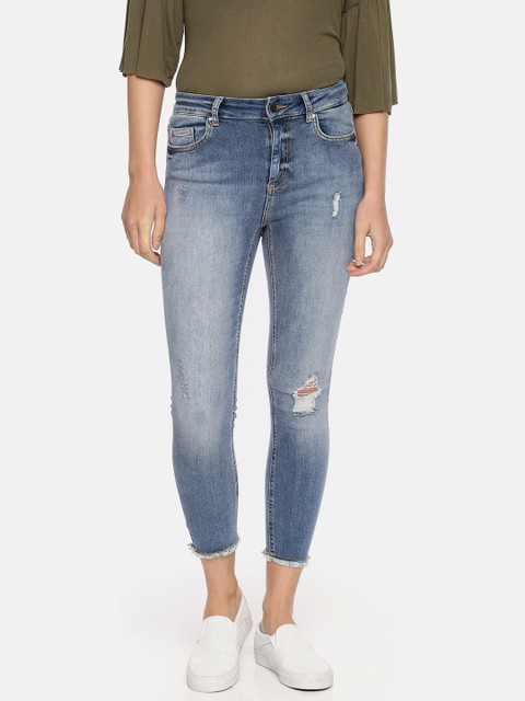 

ONLY Women Blue Skinny Fit Mid-Rise Mildly Distressed Stretchable Cropped Jeans