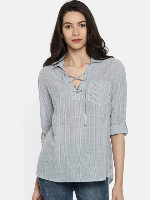 

ONLY Women Blue & White Regular Fit Striped Shirt Style Top