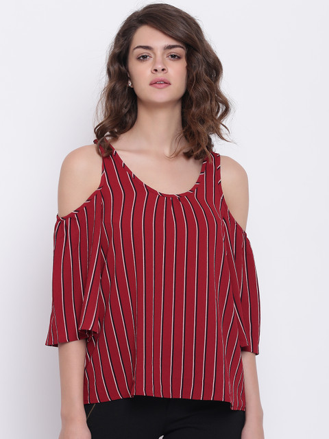 

ONLY Women Maroon & Black Striped Cold-Shoulder Top