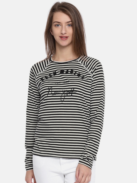 

ONLY Women Black Striped Round Neck T-shirt