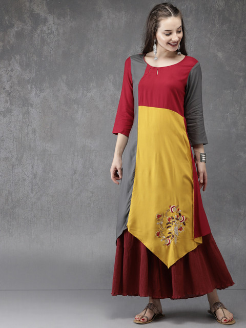 

Anouk Women Yellow & Red Colourblocked Asymmetric A-Line Kurta