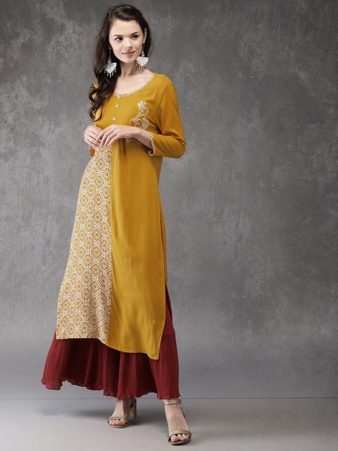 

Anouk Women Mustard Yellow Printed A-Line Kurta