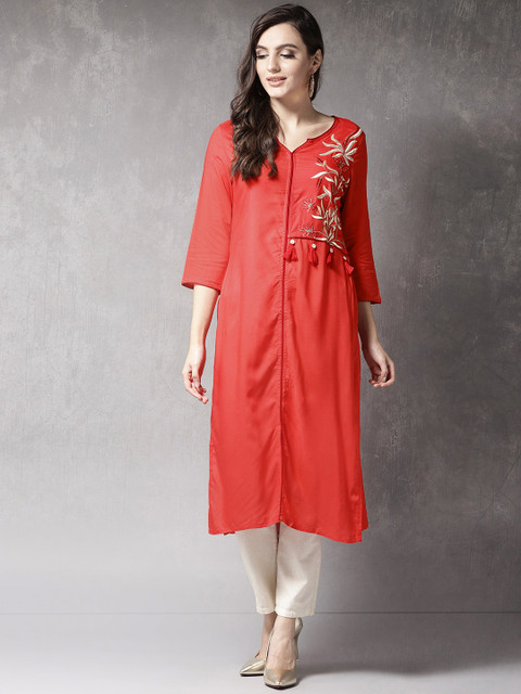 

Anouk Women Coral Orange Embroidered Detail Straight Kurta