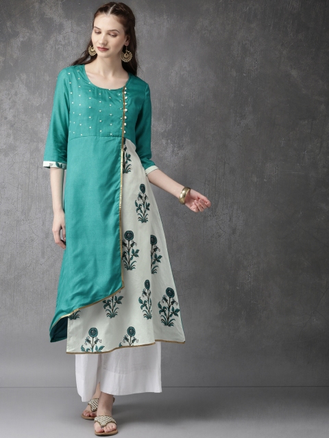 

Anouk Women Teal & Off-White Floral Print A-Line Layered Kurta