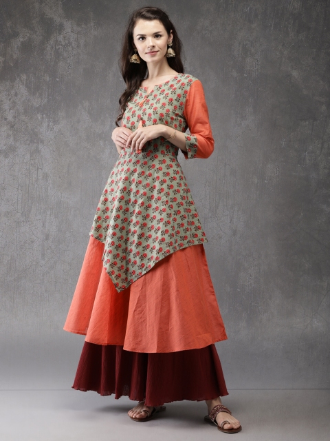 

Anouk Women Green & Orange Floral Printed A-Line Layered Kurta