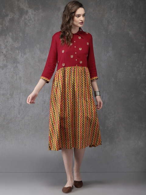 

Anouk Women Red & Mustard Embroidered A-Line Dress