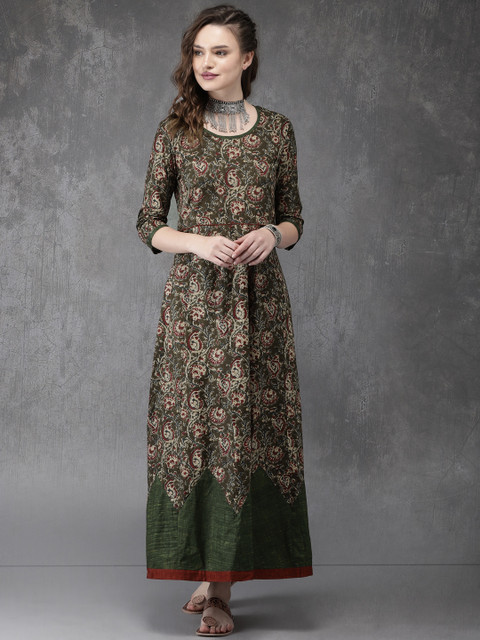 

Anouk Women Olive Green Printed Maxi Dress