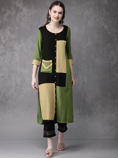 

Anouk Women Green & Black Colourblocked A-Line Kurta