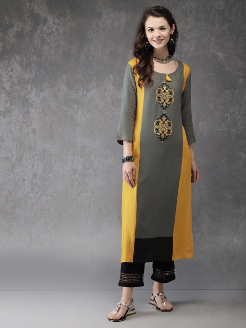 

Anouk Women Grey & Yellow Colourblocked A-Line Kurta