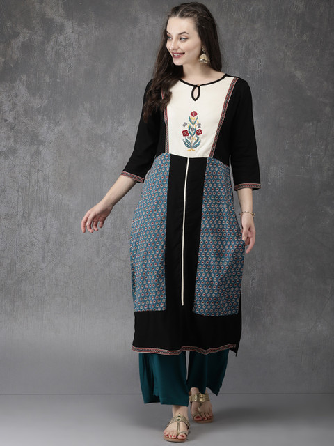 

Anouk Women Black & Off-White Printed Straight Kurta