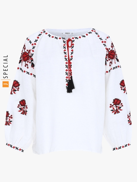 

MANGO Women White Embroidered Linen Top
