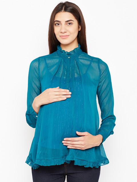 

Oxolloxo Women Teal Self Design A-Line Top