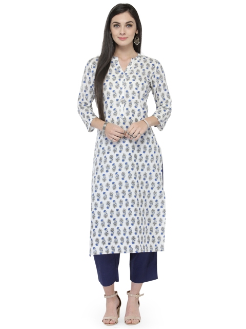 

Varanga Women White & Blue Printed Straight Kurta