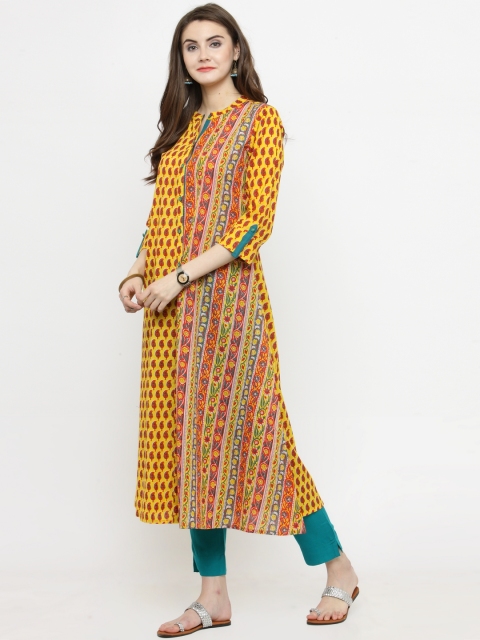 

Varanga Women Mustard & Pink Printed A-Line Kurta