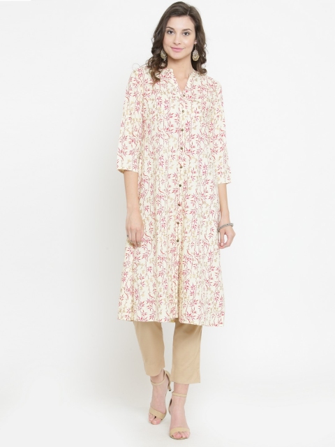 

Varanga Women Off-White & Pink Printed Straight Kurta