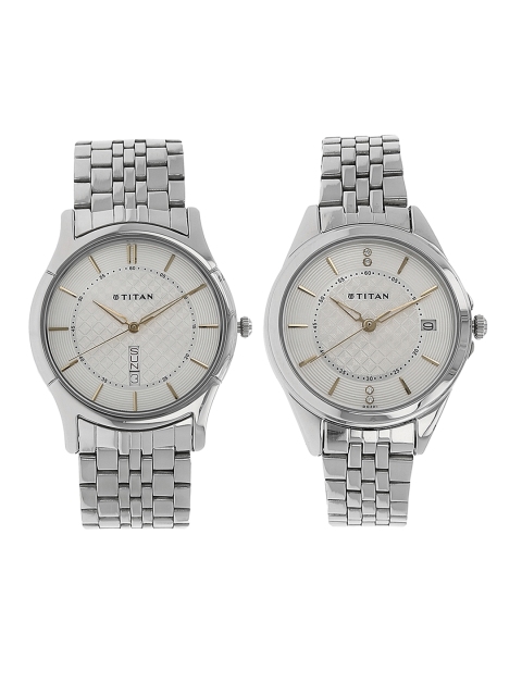 

Titan Men Silver-Toned & White His & Her s Analogue Watch Gift Set NK16362565SM01