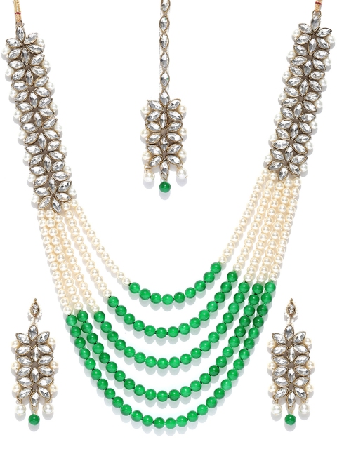 

damani Off-White & Green Beaded & Kundan-Studded Layered Jewellery Set