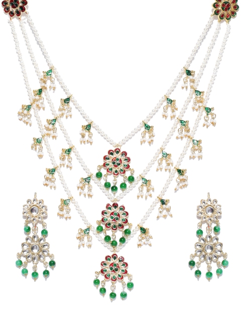 

damani Gold-toned & Green Kundan Studded Multistranded Jewellery Set