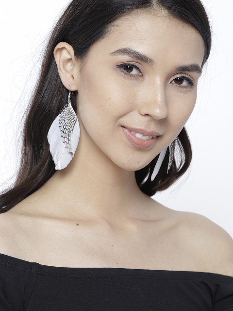 

OOMPH White Silver-Plated Feather Shaped Drop Earrings