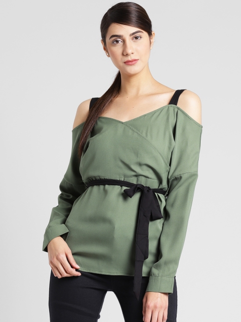 

plusS Women Olive Green Solid Cinched Waist Top