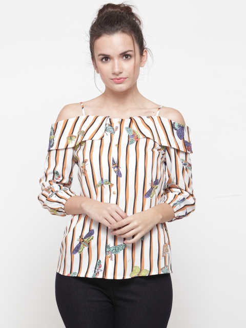 

plusS Women White & Orange Striped Bardot Top