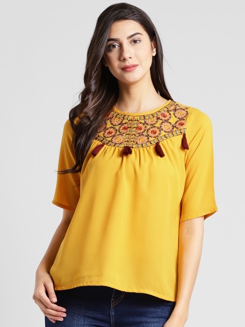 

plusS Women Mustard Self Design Boxy Top