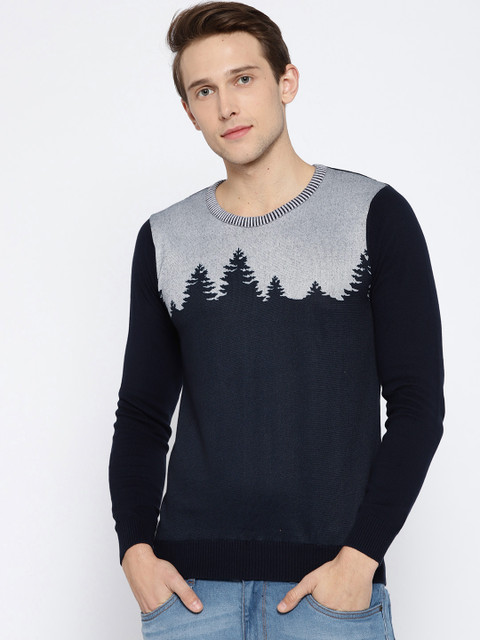 

SPYKAR Men Navy Blue & Grey Self Design Pullover