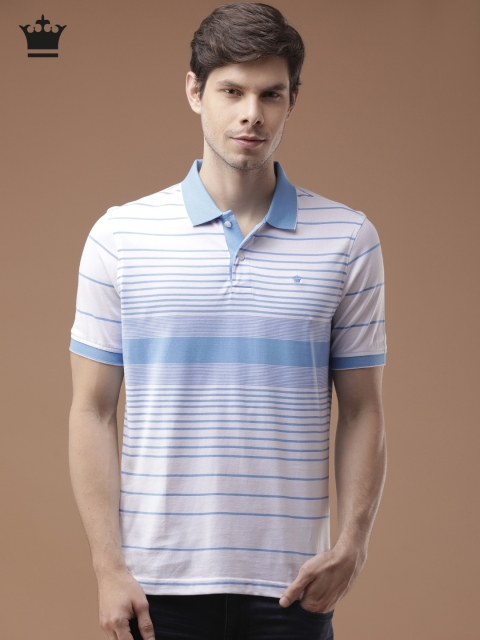 

Louis Philippe Men White Blue Striped Polo Collar Pure Cotton T-shirt