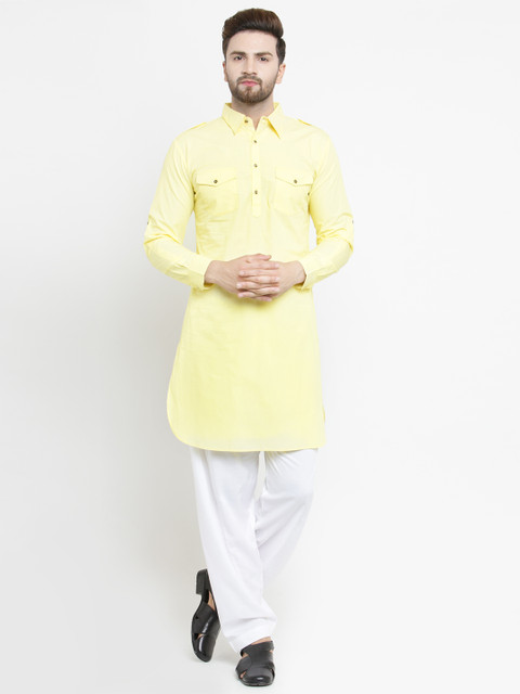 

Purple State Men Yellow Solid Pathani Kurta