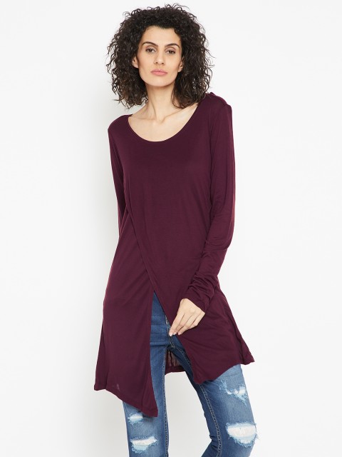 

Cottonworld Women Burgundy Solid Longline Wrap Top