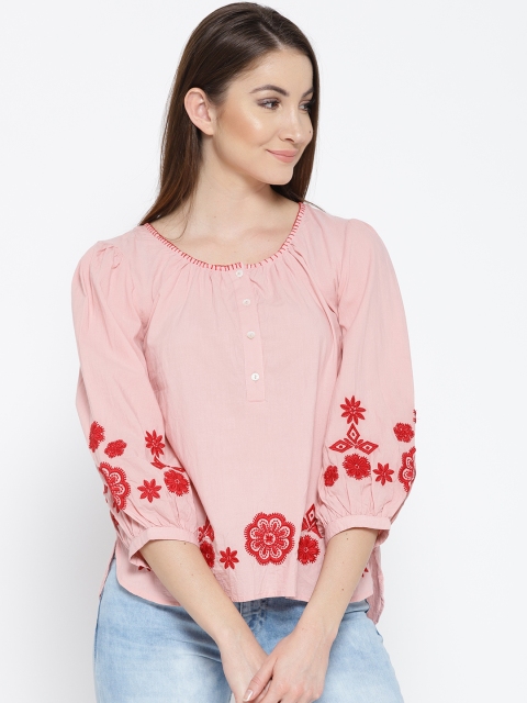 

SCOUP Women Pink Solid Top with Embroidered Detail