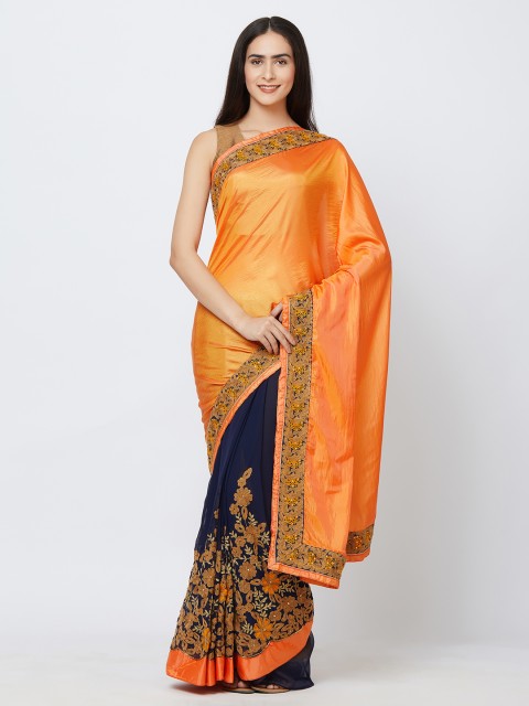 

Indian Women Orange & Blue Pure Georgette Embellished Saree