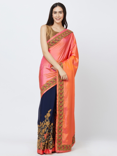 

Indian Women Orange & Blue Pure Georgette Embellished Saree