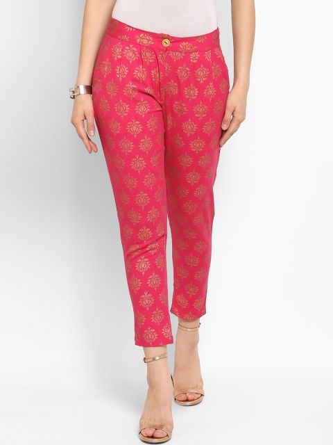 

Juniper Women Fuschia Cotton Flex Gold Print Straight Pant With Front opening, Pink