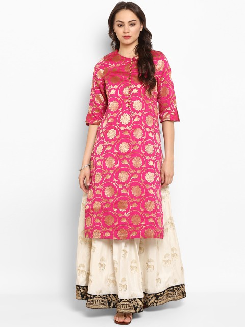 

Juniper Women Pink & Gold-Toned Woven Design Straight Kurta