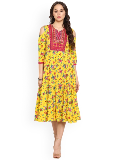 

Juniper Women Yellow Printed Fit and Flare Dress