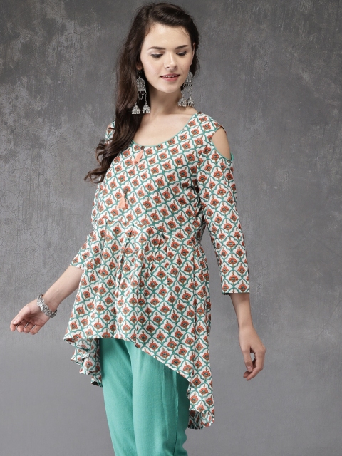 

Anouk Women White & Green Printed Kurta with Trousers