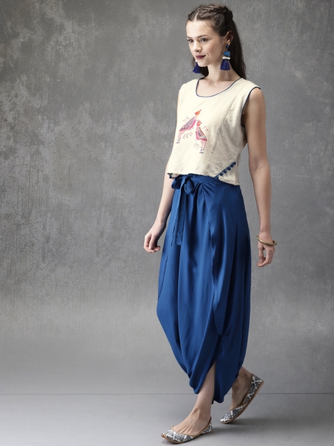 

Anouk Women Off-White & Blue Printed Top with Dhoti Pants